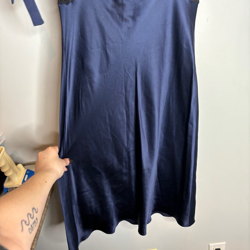 Reformation Navy Satin Midi Dress with Black Lace Trim - Picture 9 of 9